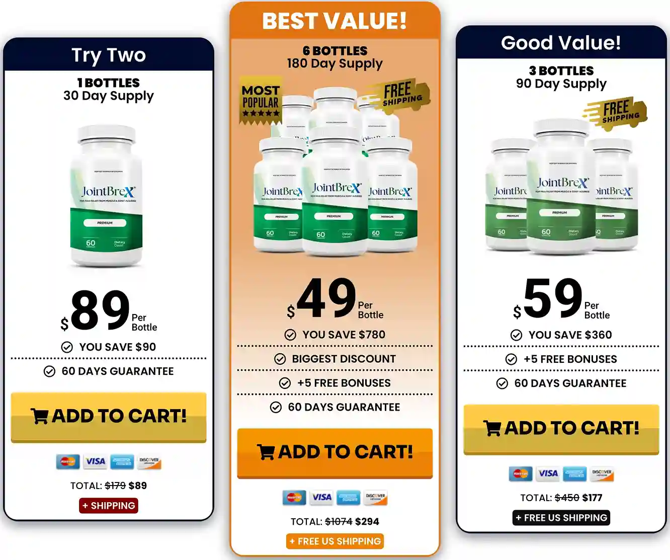 Joint Brex Pricing – 1 Bottle $89, 3 Bottles $59 Each, 6 Bottles $49 Each with Free Shipping